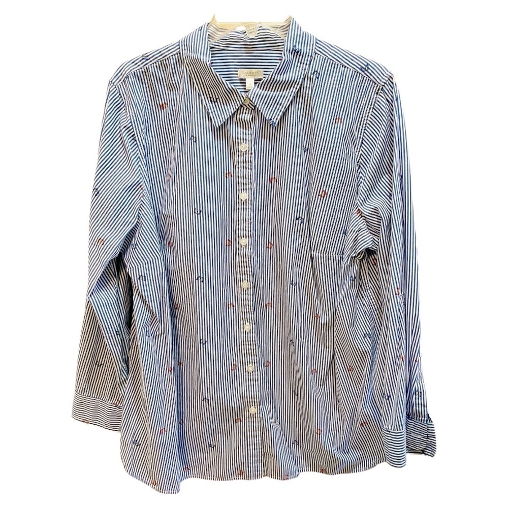 Talbots Blue and White Stripe Butterfly Print Button Down Shirt 2X